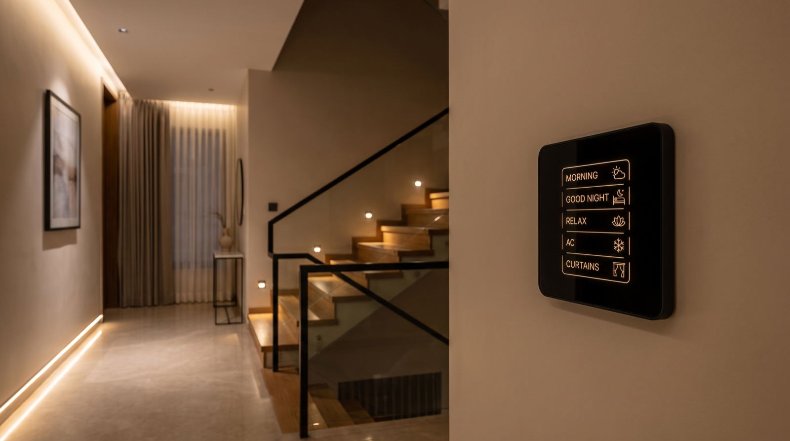 A premium Hyderabad villa staircase and corridor at night with recessed warm step lights washing each tread, a continuous low-level strip along the passage skirting, tunable cove lighting in the false ceiling, motorised curtains on the landing window, and a Pert Stella wall keypad with engraved Morning, Good Night, Relax, AC and Curtains scene buttons in sharp focus on the foreground wall