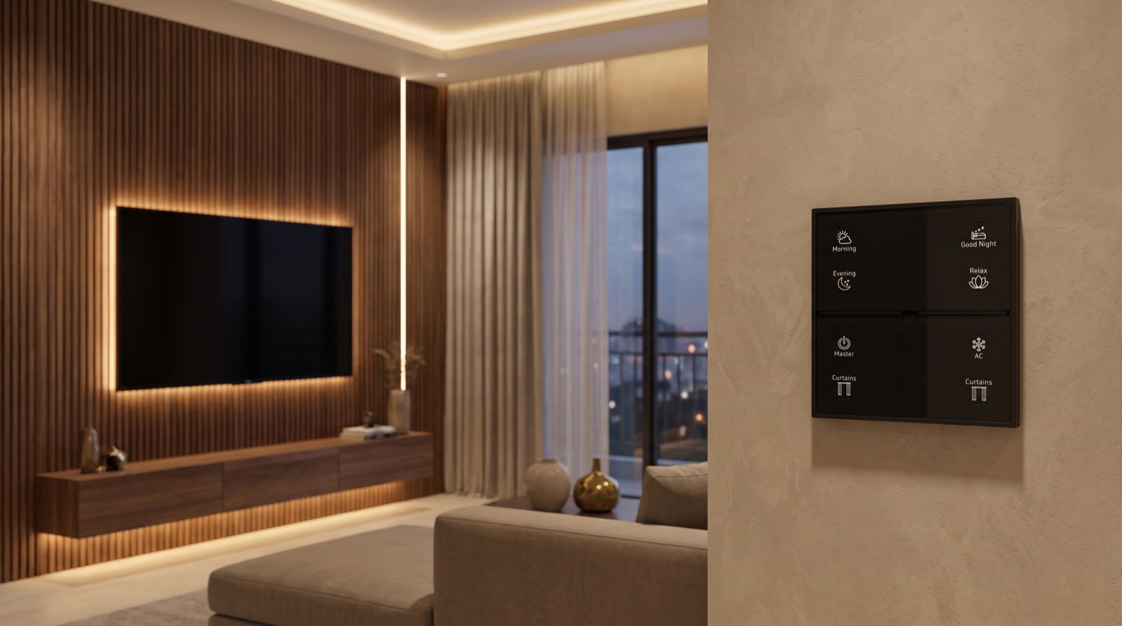 A matte-black Pert Stella square touch keypad with backlit Morning, Evening, Good Night, Relax, Master, AC and Curtains scene buttons beside the TV wall of a premium Hyderabad living room at dusk, with a fluted walnut TV panel, a soft warm bias glow behind the wall-mounted TV, a grazing LED profile, a floating console under-glow, a dimmed 2700K cove and motorised sheer curtains half drawn