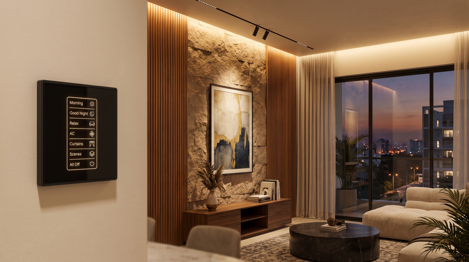 A textured stone and fluted teak feature wall in a premium Hyderabad living room lit by concealed wall-wash and narrow-beam accent lighting, with a Pert Stella matte-black smart keypad on the wall in the foreground