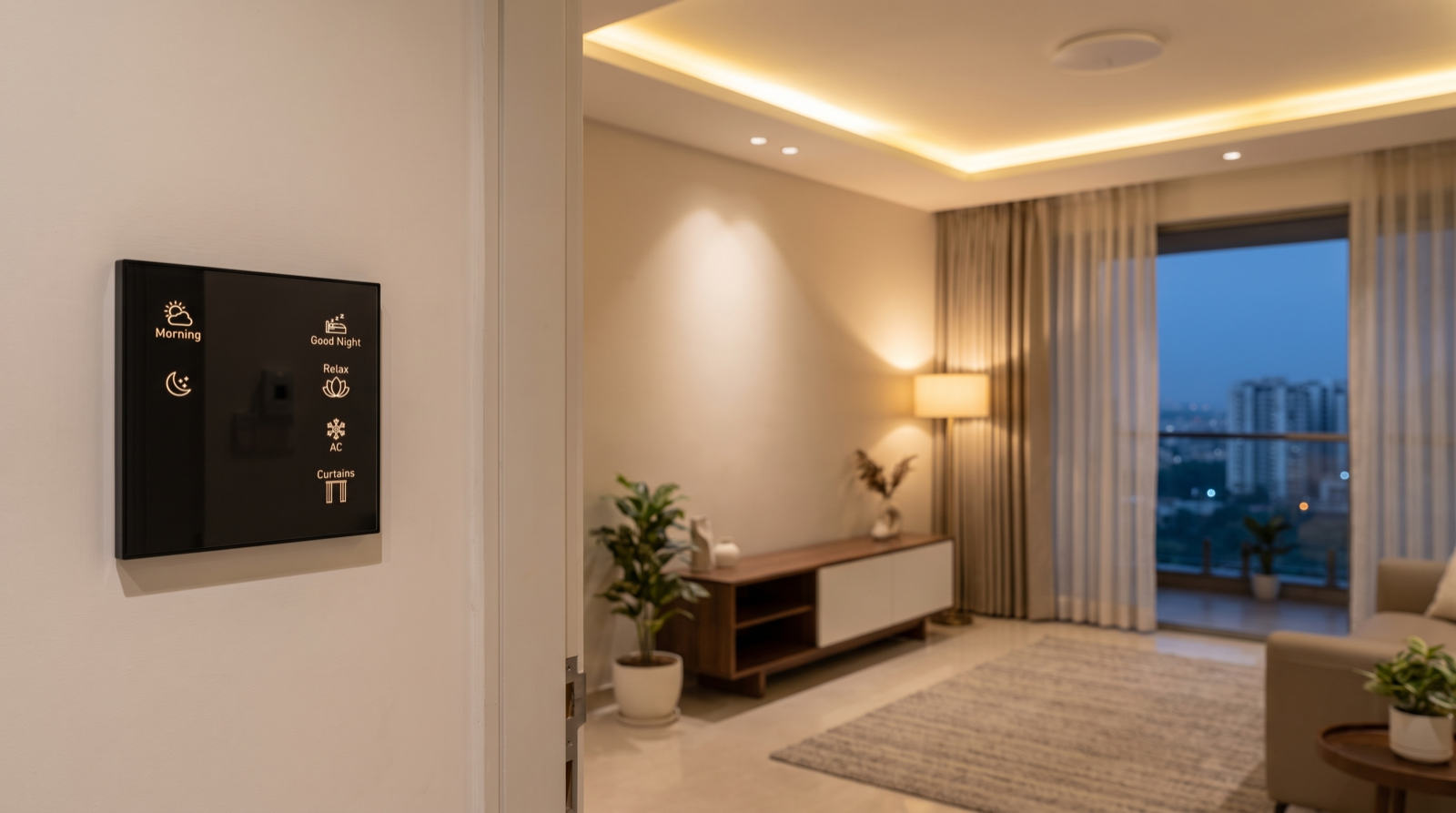 A Pert Stella square matte-black glass wall keypad in sharp focus beside a doorway in a premium Hyderabad apartment, its vertical column of engraved backlit buttons reading Morning, Good Night, Relax, AC and Curtains glowing warm, with a discreet ceiling-mounted wireless access point, a dimmed warm cove line, COB downlights and motorised sheer curtains in the softly blurred living room behind