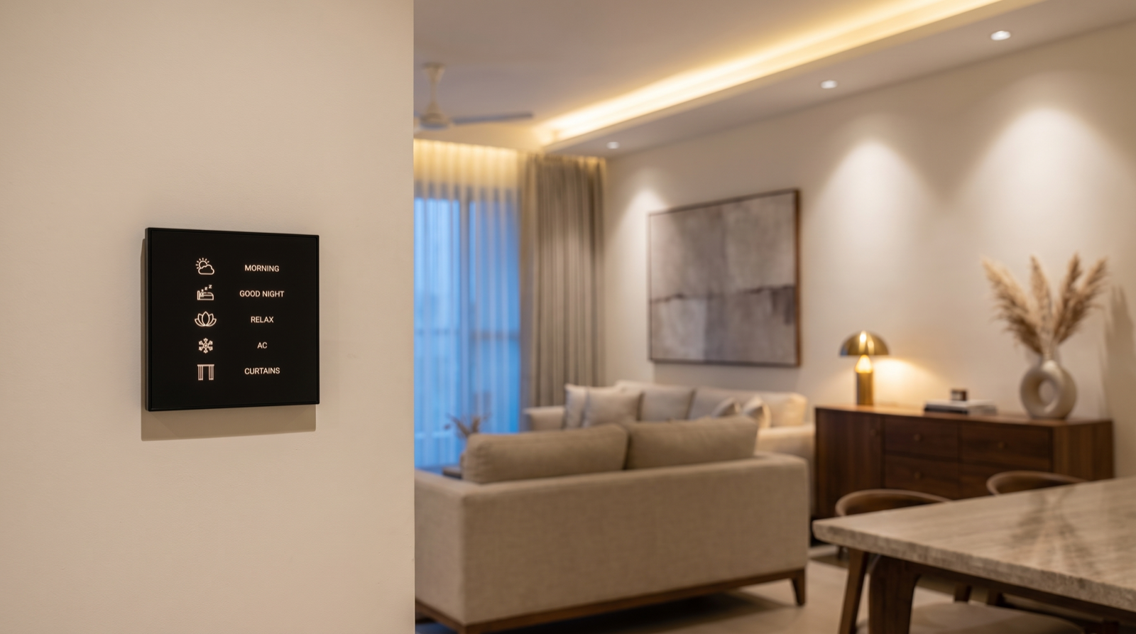 A Pert Stella square matte-black glass wall keypad in sharp focus on the wall of a premium Hyderabad living room, its vertical column of engraved backlit buttons reading Morning, Good Night, Relax, AC and Curtains, with warm dimmed cove lighting, COB downlights and motorised sheer curtains softly blurred behind it