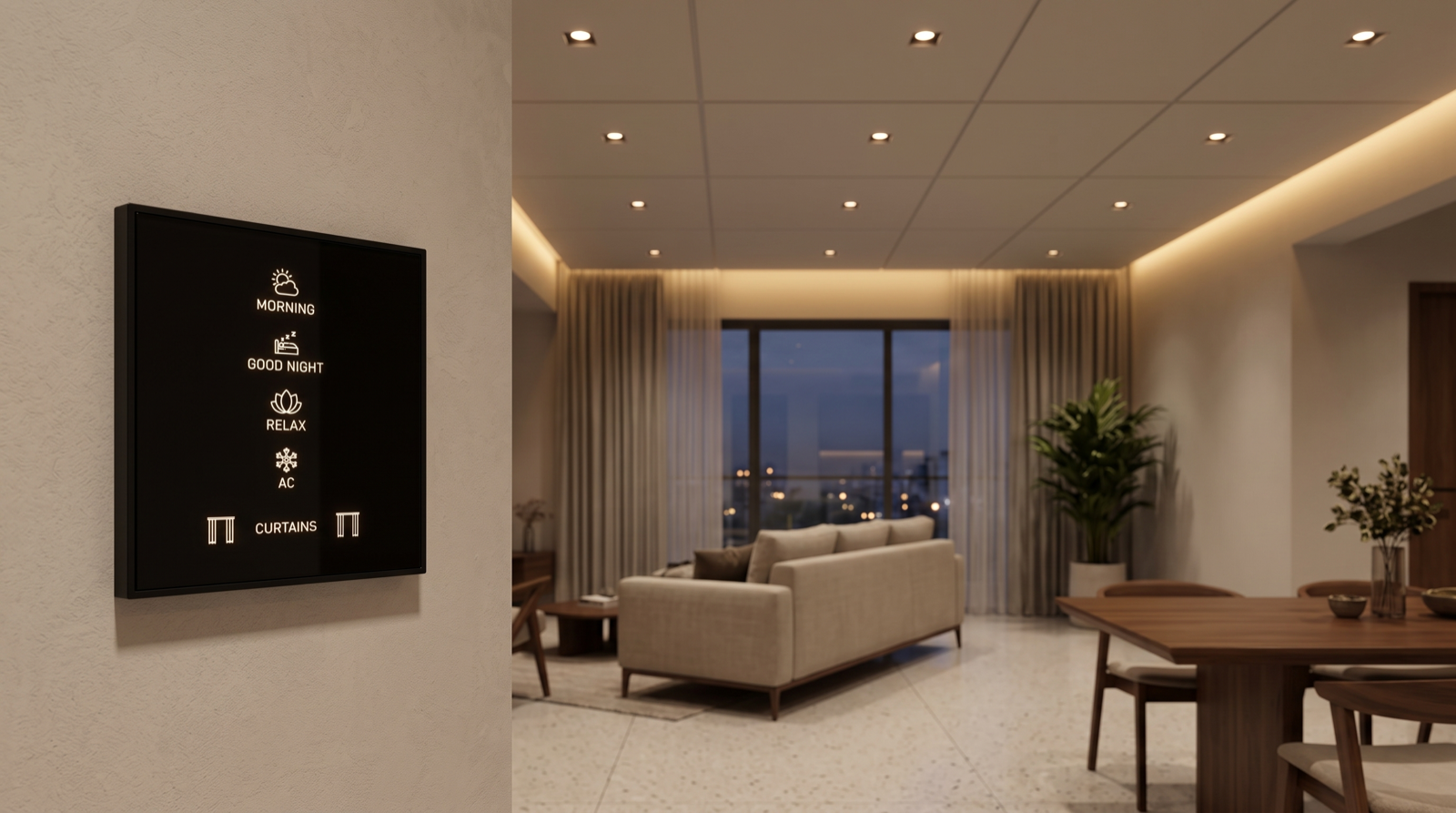 A Pert Stella square matte-black glass wall keypad on a wall in a premium Hyderabad living-dining room, its engraved and softly backlit Morning, Good Night, Relax, AC and Curtains scene buttons glowing warm, below a freshly finished white gypsum false ceiling carrying a deliberate regular grid of deep-recessed anti-glare COB downlights, a slim continuous warm cove line around the perimeter and a narrow-beam accent spot grazing a stone feature wall, with motorised sheer curtains half open across the balcony glazing at dusk