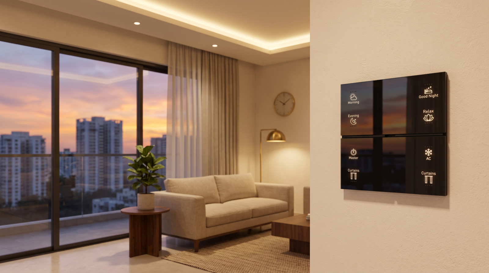A Pert Stella matte-black square glass wall keypad with backlit, engraved Morning, Evening, Good Night, Relax, Master, AC and Curtains buttons on a warm plaster wall of a Hyderabad high-rise living room at sunset, where cove lighting, dimmed downlights and a brass floor lamp have come on as the evening sky turns orange and violet beyond the floor-to-ceiling windows and sheer curtains
