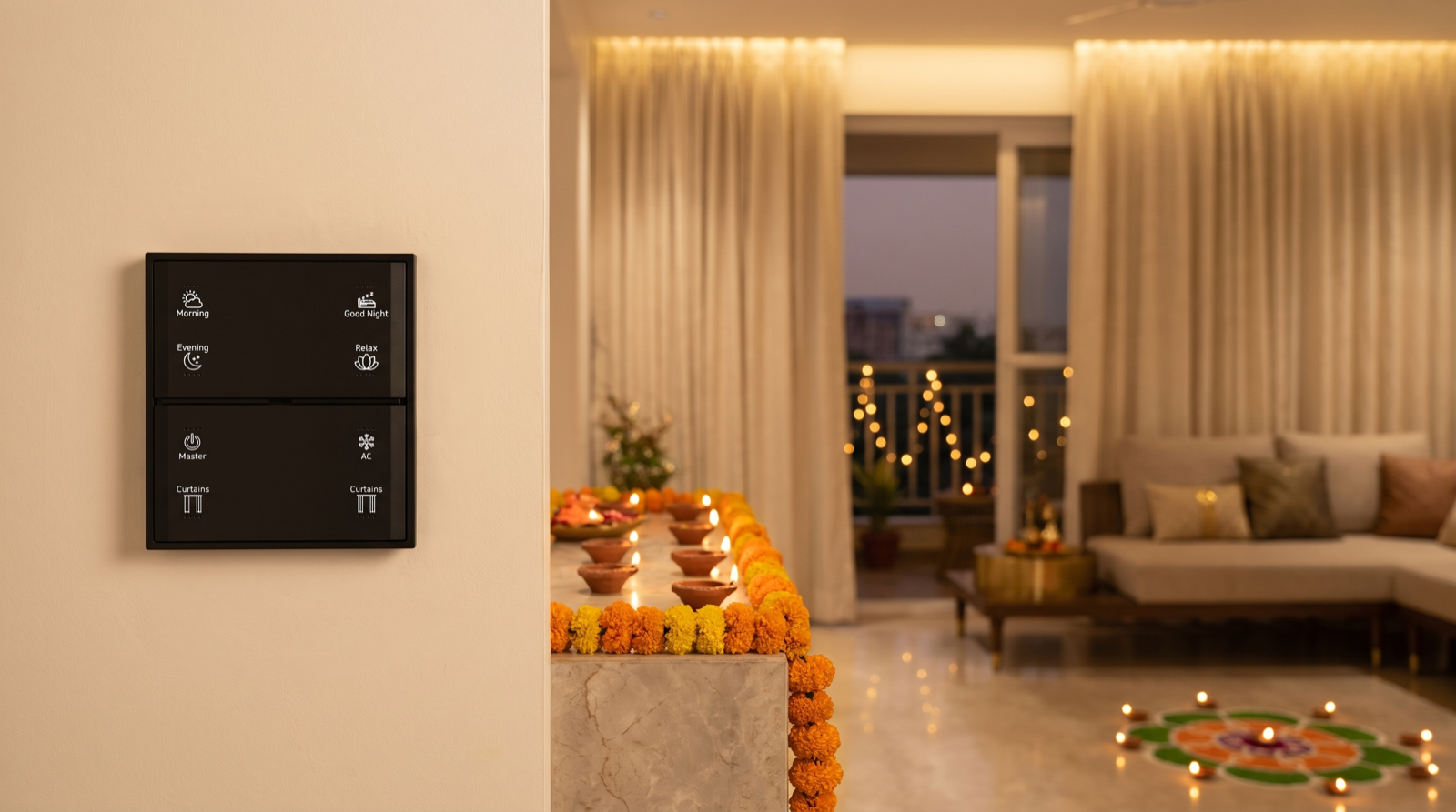 A Pert Stella matte-black glass wall keypad, seen straight-on, with engraved backlit Morning, Evening, Good Night, Relax, Master, AC and Curtains buttons, on the wall of a Hyderabad living room dressed for a festive evening, with warm dimmed lighting, motorised curtains and diyas softly out of focus