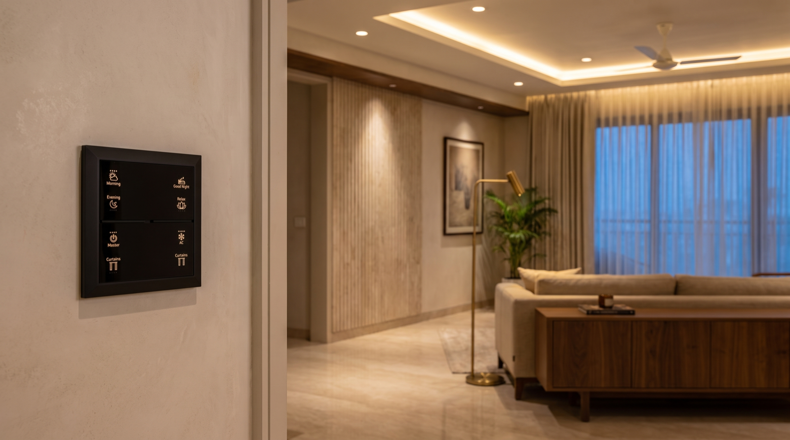 A Pert Stella square matte-black glass wall keypad on a pale plastered wall, its engraved and softly backlit Morning, Evening, Good Night, Relax, Master, AC and Curtains scene buttons glowing warm, in a premium Hyderabad living room where a row of deep-recessed anti-glare COB downlights throws clean, evenly matched warm pools of light with no colour variation between fittings, a slim warm cove line runs around the false ceiling and motorised sheer curtains hang across the balcony glazing