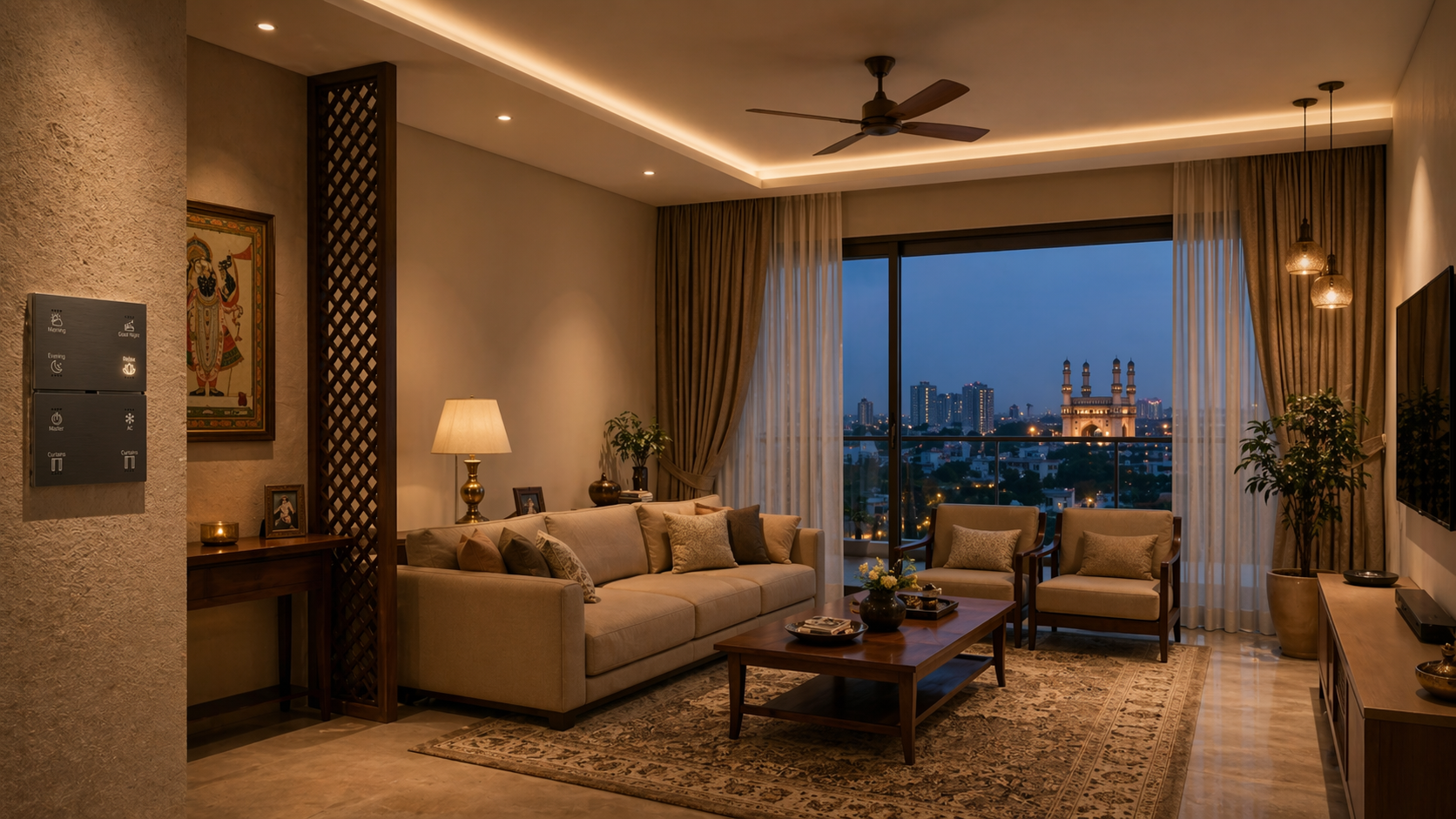 Scene based home automation with lighting curtains and comfort control