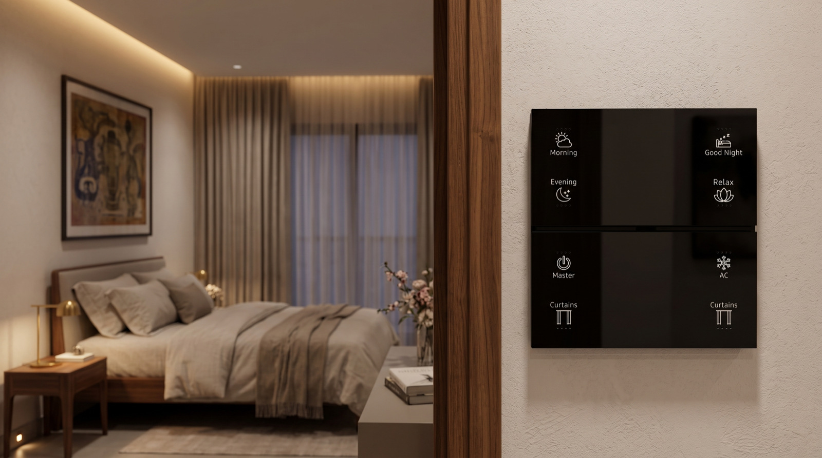 A Pert Stella matte-black square wall keypad with backlit Morning, Good Night, Evening, Relax, Master, AC and Curtains buttons beside the doorway of a Hyderabad master bedroom at night, with low warm cove lighting, a floor-level step light and closed curtains in the room beyond