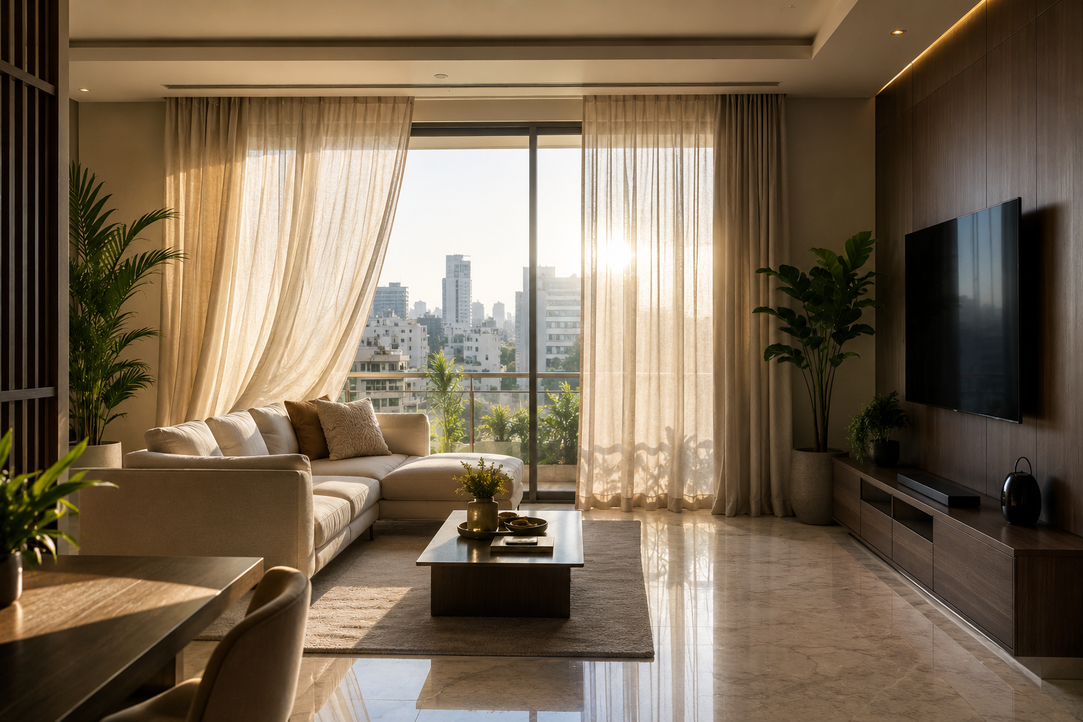 Sunlit Hyderabad living room with sheer motorised curtains shading a large window to save cooling energy