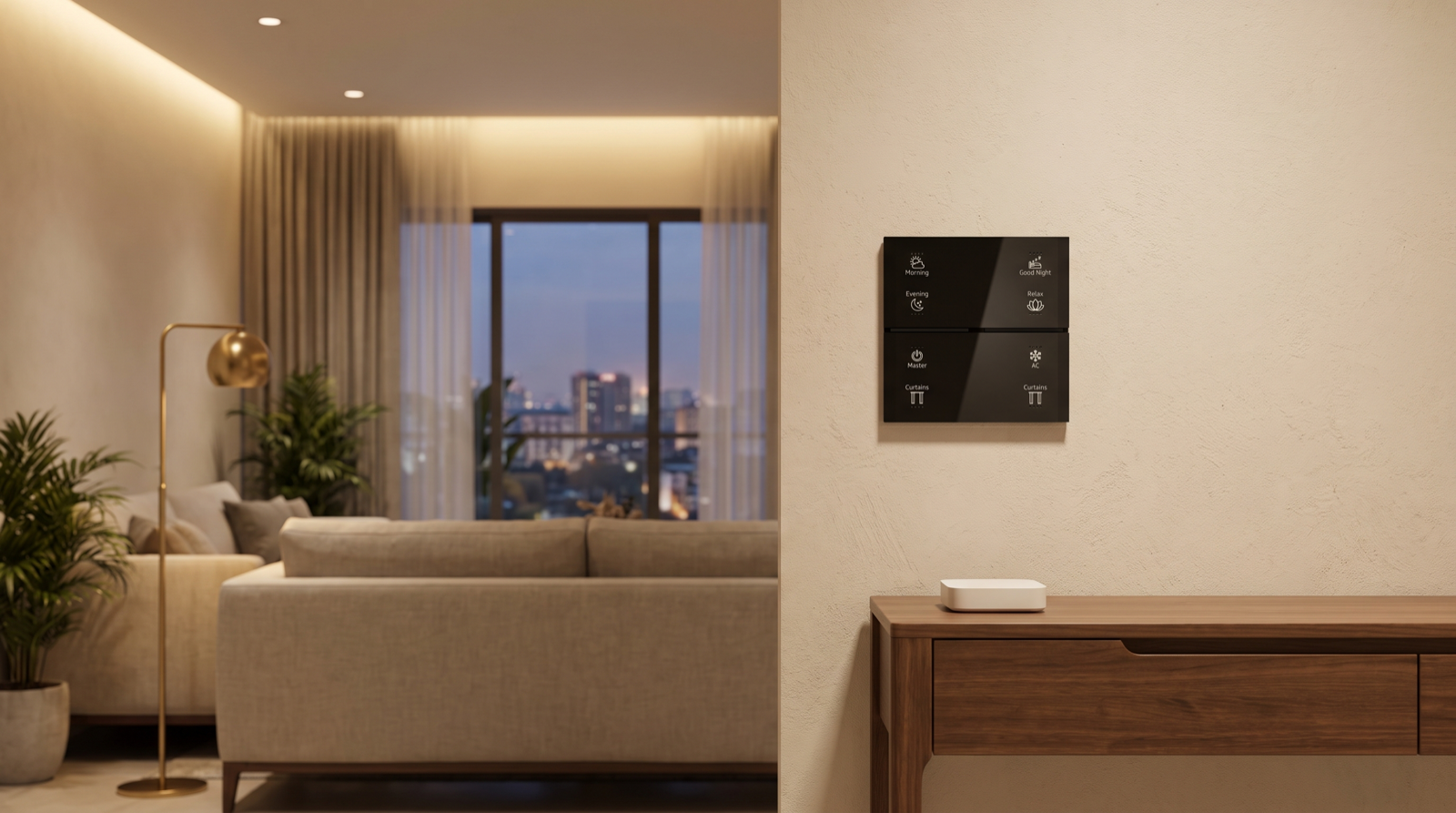 A Pert Stella matte-black square glass wall keypad with backlit, engraved Morning, Evening, Master, Curtains, Good Night, Relax and AC buttons on a warm plaster wall above a walnut console with a small smart home hub, beside an upgraded Hyderabad apartment living room at dusk with warm cove lighting, dimmed downlights, sheer curtains and a city view