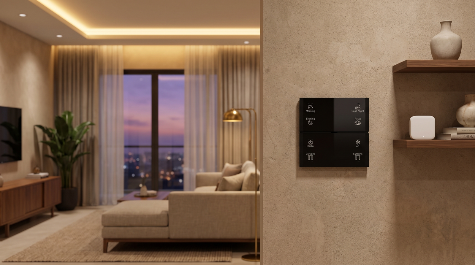 A Pert Stella matte-black glass wall keypad with backlit, engraved Morning, Evening, Good Night, Relax, Master, AC and Curtains buttons on a warm stone-finish wall, beside a small white smart home gateway on an open walnut shelf, with a Hyderabad high-rise living room at dusk behind: warm cove lighting, a brass floor lamp and sheer curtains framing a violet city skyline
