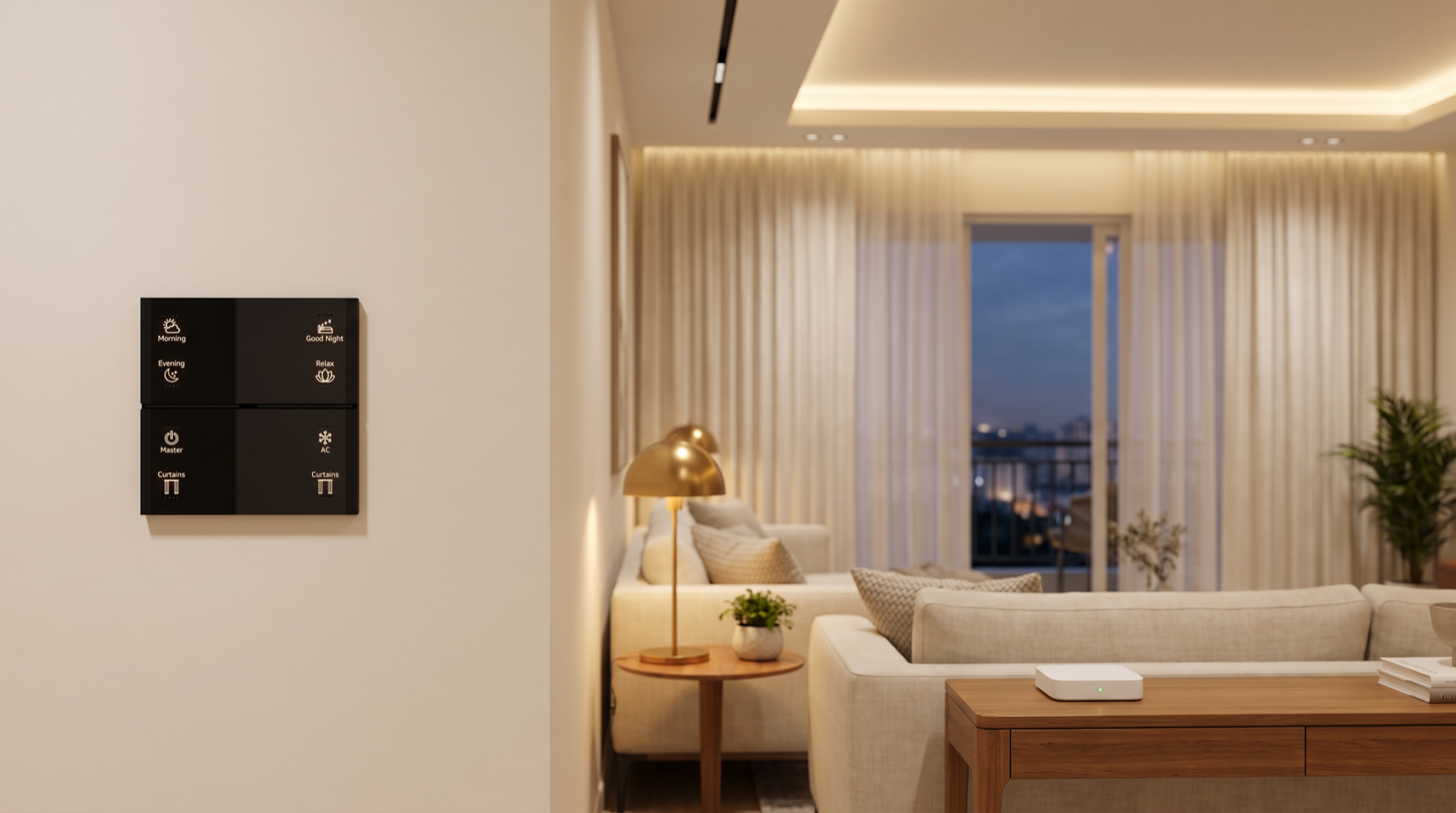 A Pert Stella matte-black square wall keypad with engraved, backlit Morning, Evening, Good Night, Relax, Master, AC and Curtains buttons on the wall of a newly commissioned Hyderabad living room, with an unbranded smart home hub on a teak console, warm cove lighting and sheer motorised curtains in the soft-focus background