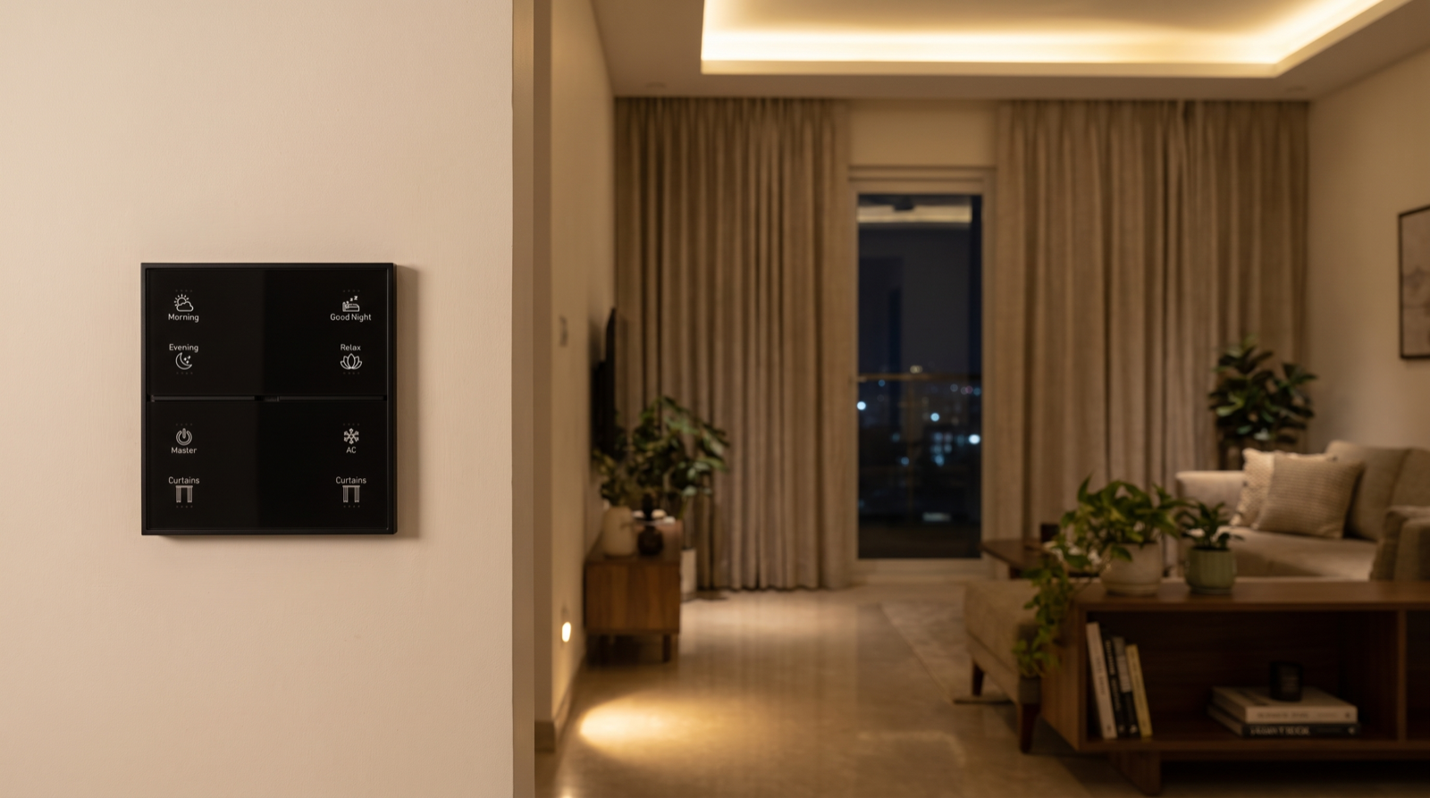 A Pert Stella matte-black glass wall keypad, seen straight-on, with engraved backlit Morning, Evening, Good Night, Relax, Master, AC and Curtains buttons, on the wall of a Hyderabad living room at night where a few warm lights have come back on and closed motorised curtains are softly out of focus