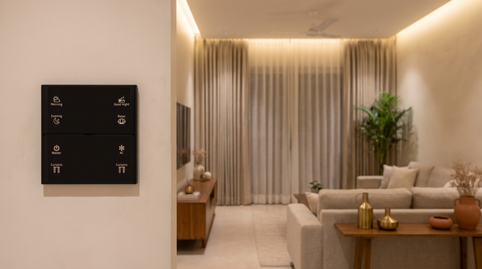A Pert Stella square matte-black glass wall keypad with softly backlit, engraved Morning, Evening, Good Night, Relax, Master, AC and Curtains buttons on a living-room wall in a Hyderabad apartment, with warm dimmed cove lighting and motorised curtains softly out of focus behind