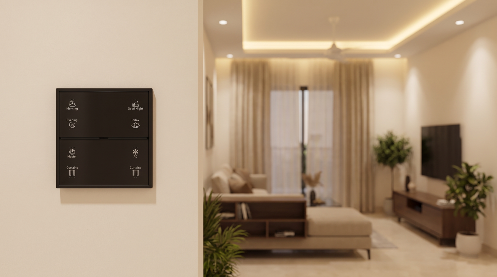 A Pert Stella matte-black glass wall keypad with engraved, backlit Morning, Evening, Good Night, Relax, Master, AC and Curtains buttons on a living room wall, with warm evening lighting and half-open motorised curtains softly out of focus behind it