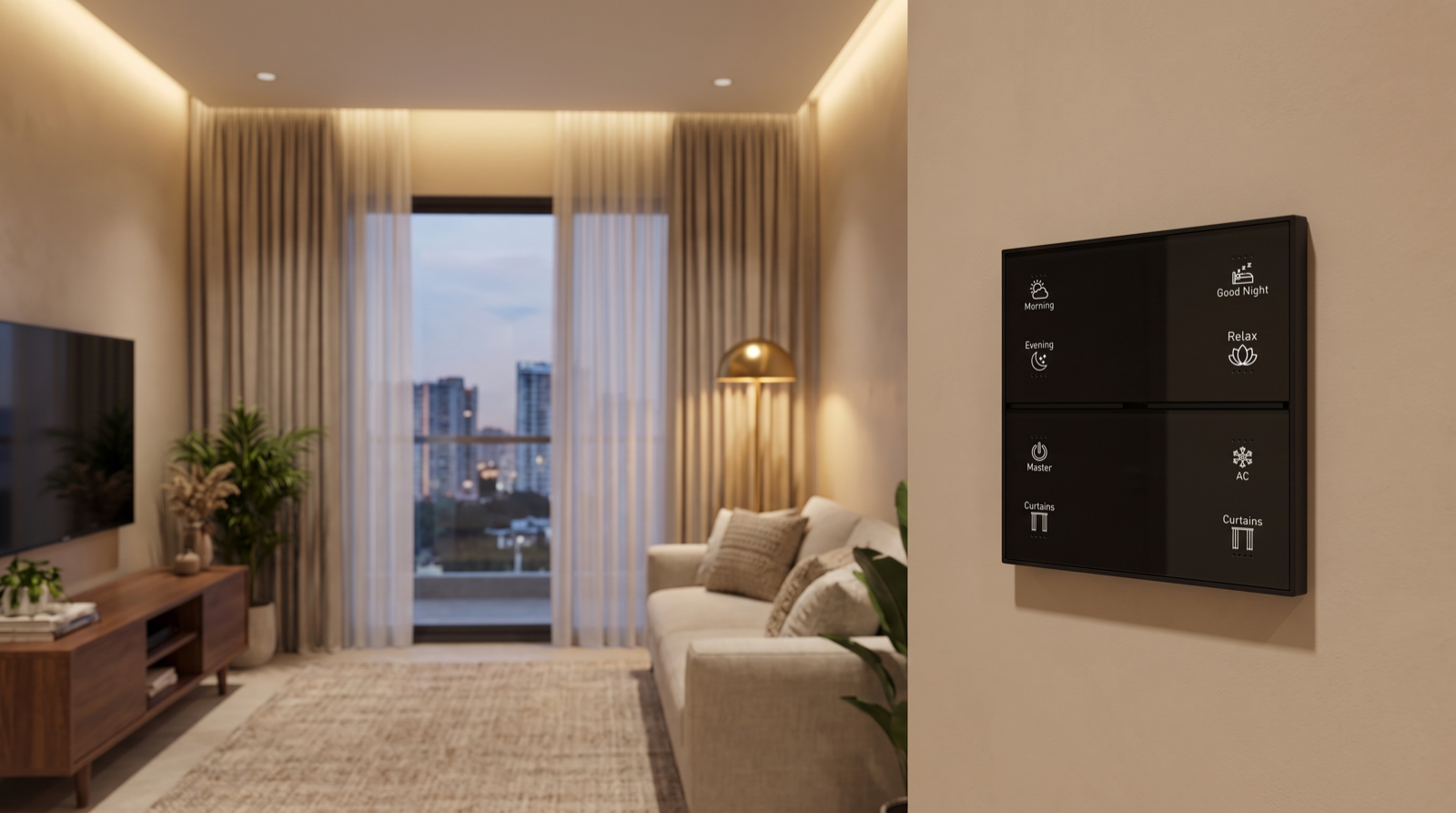 A Pert Stella matte-black glass wall keypad with backlit Morning, Evening, Good Night, Relax, Master, AC and Curtains buttons on a warm plaster wall beside a calm Hyderabad apartment living room at dusk, with cove lighting along the false ceiling, a brass floor lamp and motorised sheer curtains framing a window onto the city high-rises