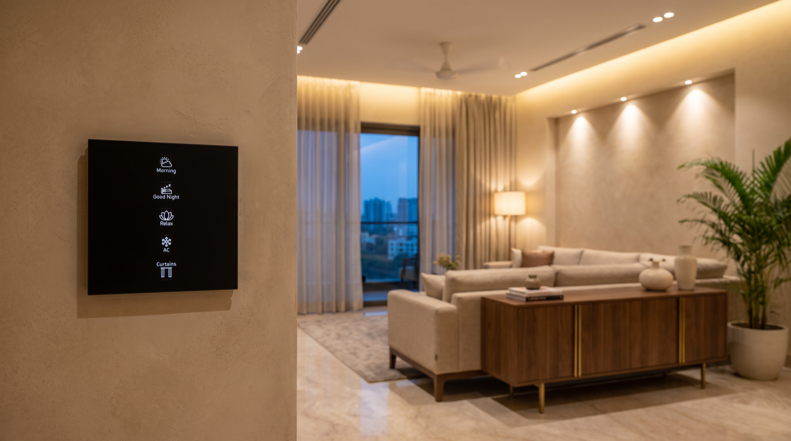 A premium Hyderabad living room in the evening with perfectly smooth, flicker-free dimmed cove lighting along the false ceiling, motorised sheer curtains and a Pert Stella wall keypad in sharp focus on the wall