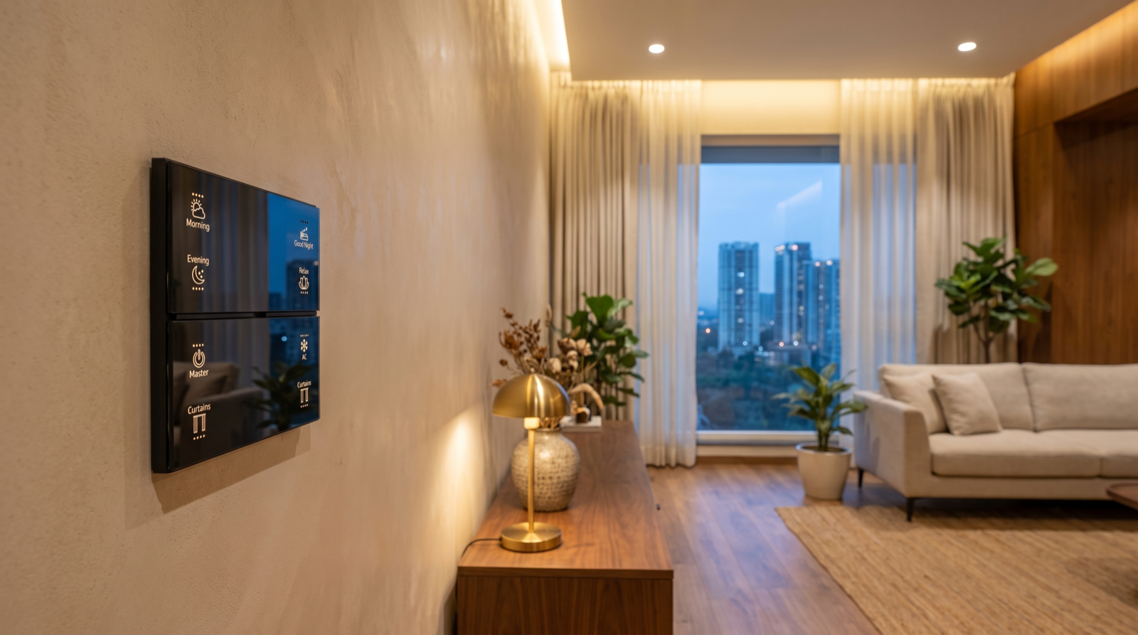 A Pert Stella matte-black glass wall keypad with backlit Morning, Evening, Good Night, Relax, Master, AC and Curtains buttons on a plaster wall in a premium Hyderabad apartment living room at dusk, with warm cove lighting, sheer motorised curtains and a high-rise city view beyond